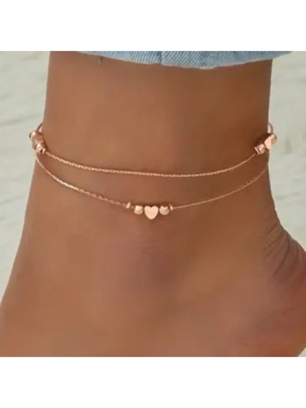 Dainty Heart Rose Gold Toned Layered Anklet